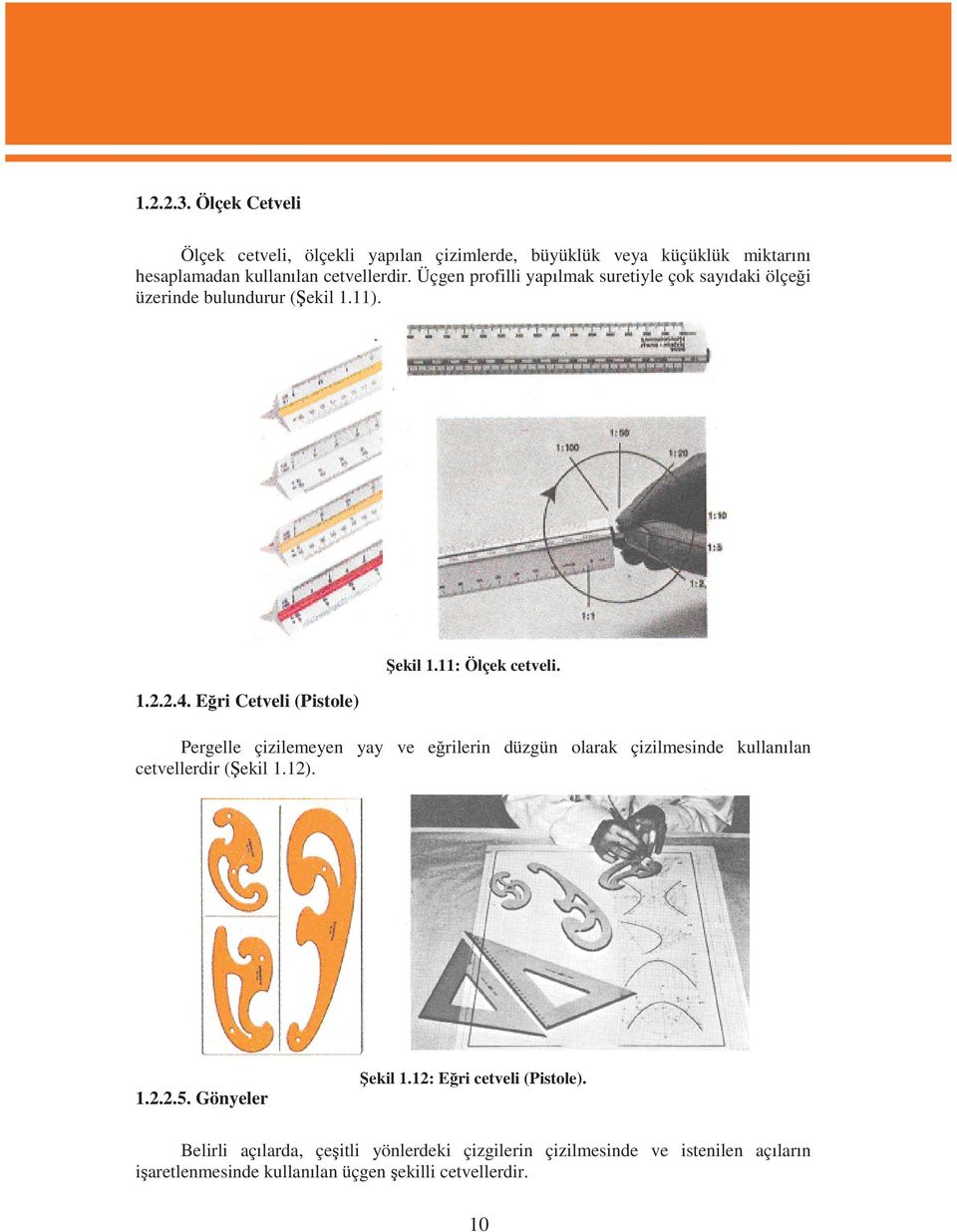 Pergelle çizilemeyen yay ve e rilerin düzgün olarak çizilmesinde kullan lan cetvellerdir ( ekil 1.12). 1.2.2.5. Gönyeler ekil 1.