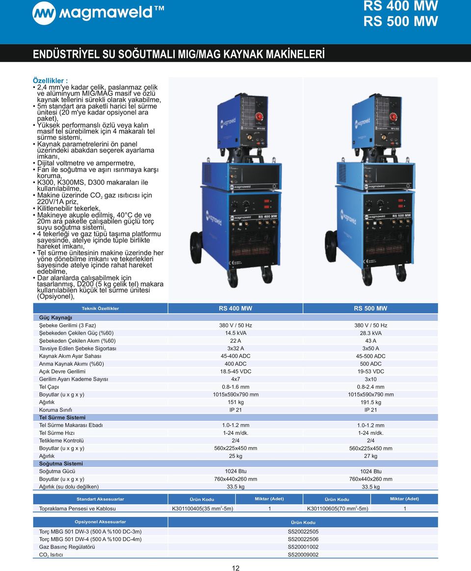 üzerindeki abakdan seçerek ayarlama imkanı, Dijital voltmetre ve ampermetre, Fan ile soğutma ve aşırı ısınmaya karşı koruma, K300, K300MS, D300 makaraları ile kullanılabilme, Makine üzerinde CO gaz