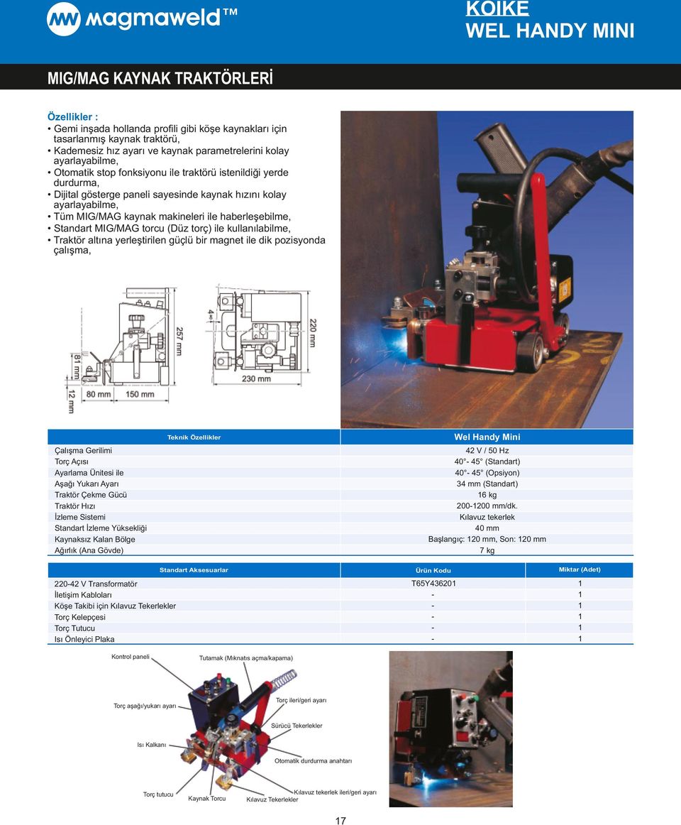 MIG/MAG torcu (Düz torç) ile kullanılabilme, Traktör altına yerleştirilen güçlü bir magnet ile dik pozisyonda çalışma, Wel Handy Mini Çalışma Gerilimi Torç Açısı Ayarlama Ünitesi ile Aşağı Yukarı