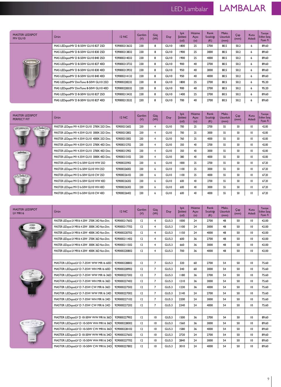 5 50.2 6 89.60 MAS LEDspotMV D 8-50W GU10 830 40D 929000213932 230 8 GU10 950 40 3000 80.5 50.2 6 89.60 MAS LEDspotMV D 8-50W GU10 840 40D 929000214132 230 8 GU10 950 40 4000 80.5 50.2 6 89.60 MAS LEDspotMV DimTone 8-50W GU10 25D 929000228232 230 8 GU10 1800 25 2700 80.