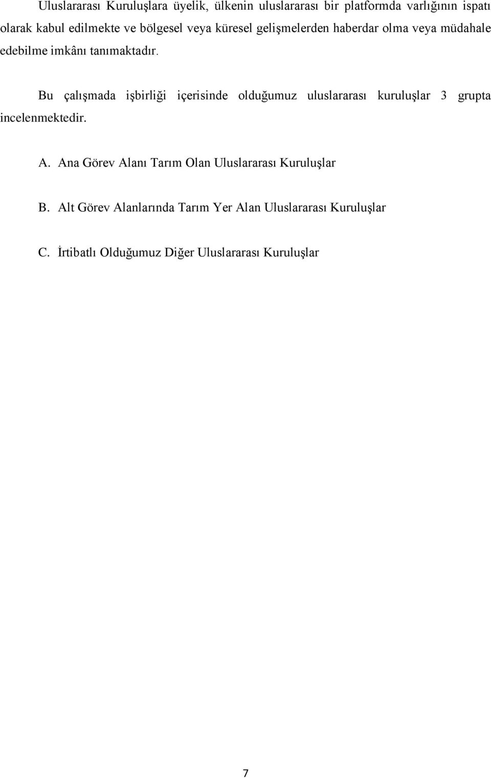 Bu çalışmada işbirliği içerisinde olduğumuz uluslararası kuruluşlar 3 grupta incelenmektedir. A.