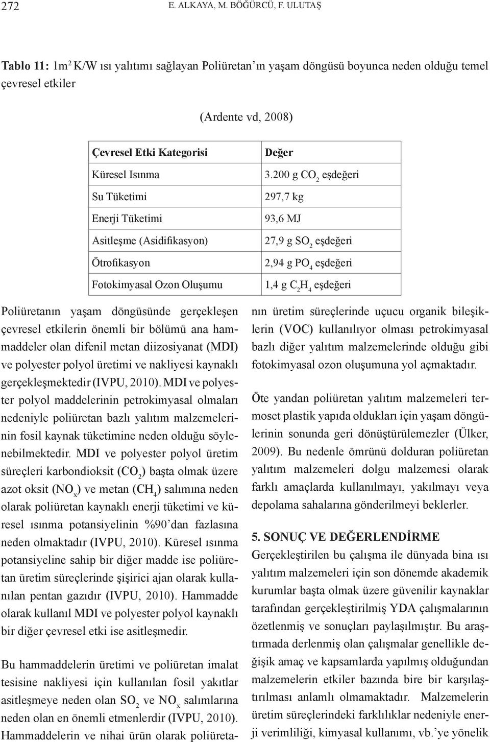 Tüketimi Asitleşme (Asidifikasyon) Ötrofikasyon Fotokimyasal Ozon Oluşumu Poliüretanın yaşam döngüsünde gerçekleşen çevresel etkilerin önemli bir bölümü ana hammaddeler olan difenil metan