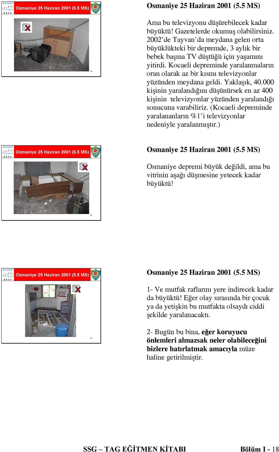 Kocaeli depreminde yaralanmaların oran olarak az bir kısmı televizyonlar yüzünden meydana geldi. Yaklaşık, 40.