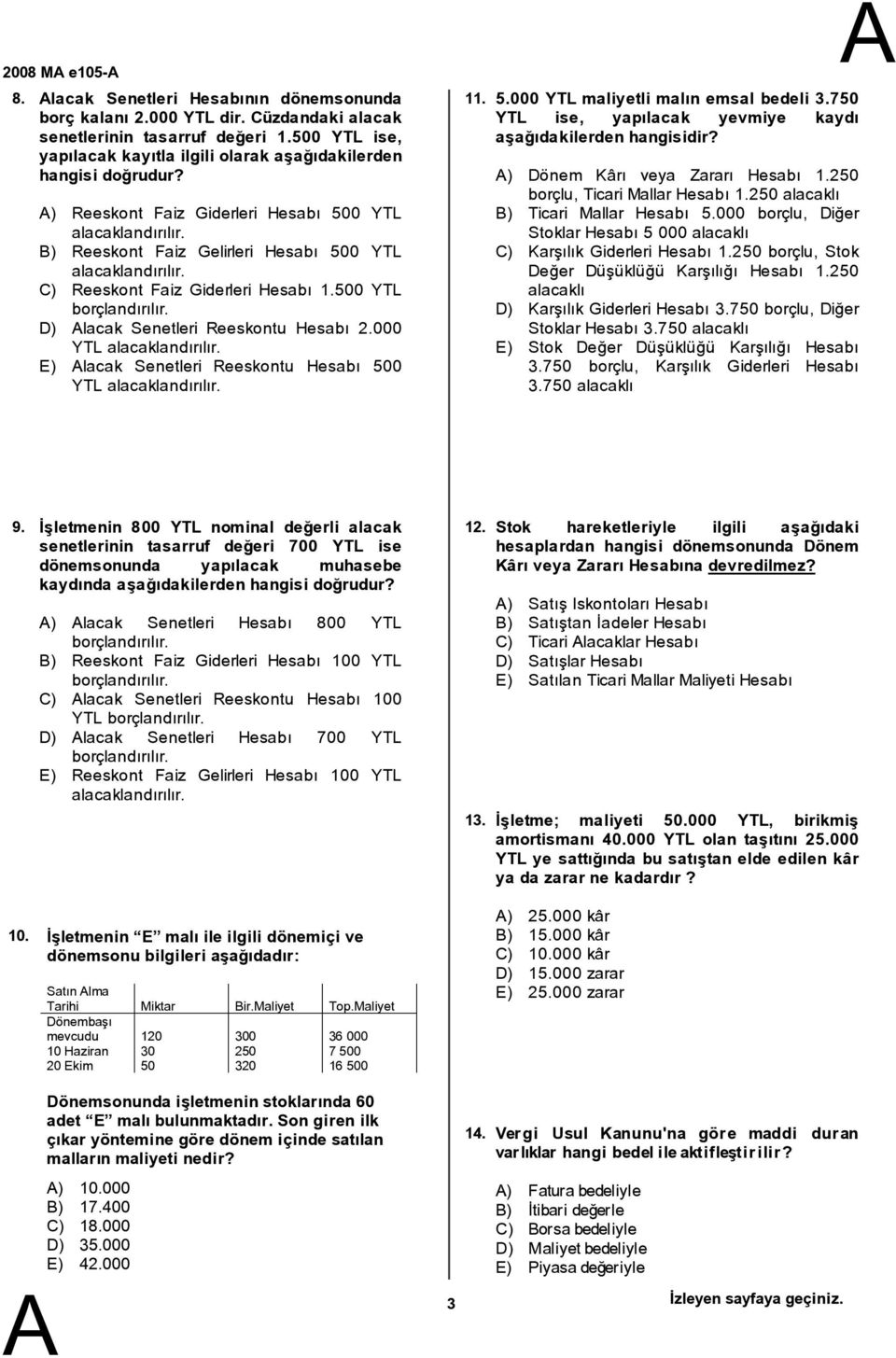 C) Reeskont Faiz Giderleri Hesabı 1.500 YTL borçlandırılır. D) lacak Senetleri Reeskontu Hesabı 2.000 YTL alacaklandırılır. E) lacak Senetleri Reeskontu Hesabı 50