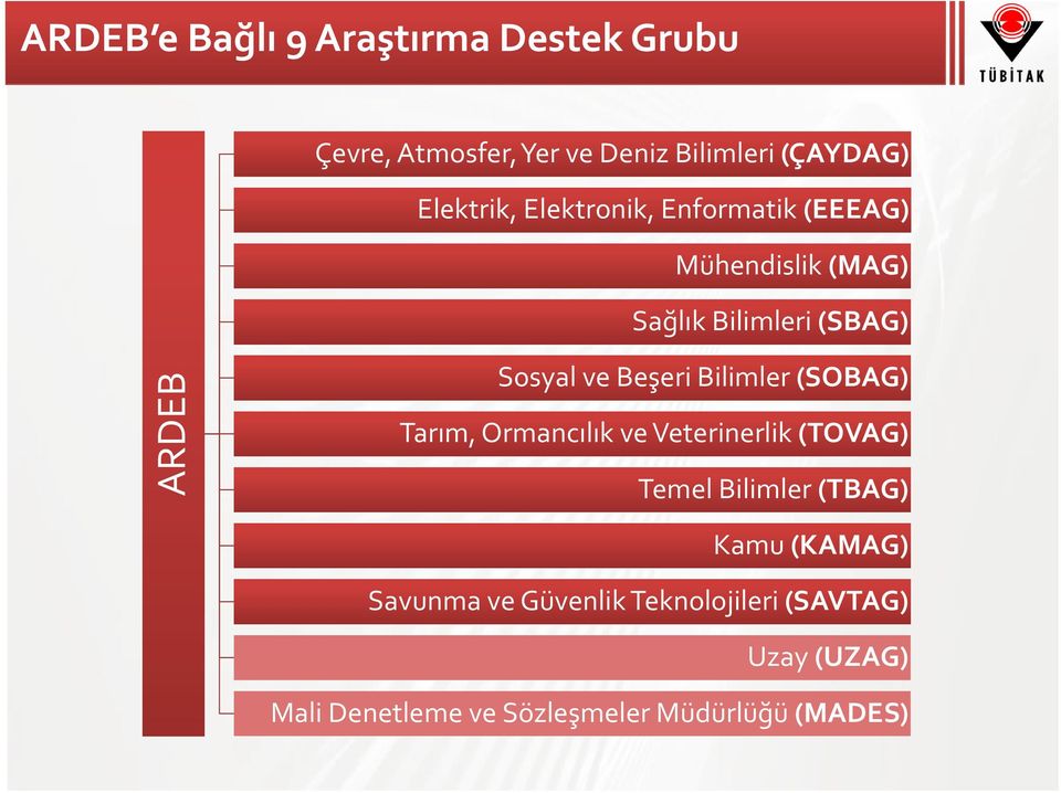 Bilimler (SOBAG) Tarım, Ormancılık ve Veterinerlik (TOVAG) Temel Bilimler (TBAG) Kamu (KAMAG)