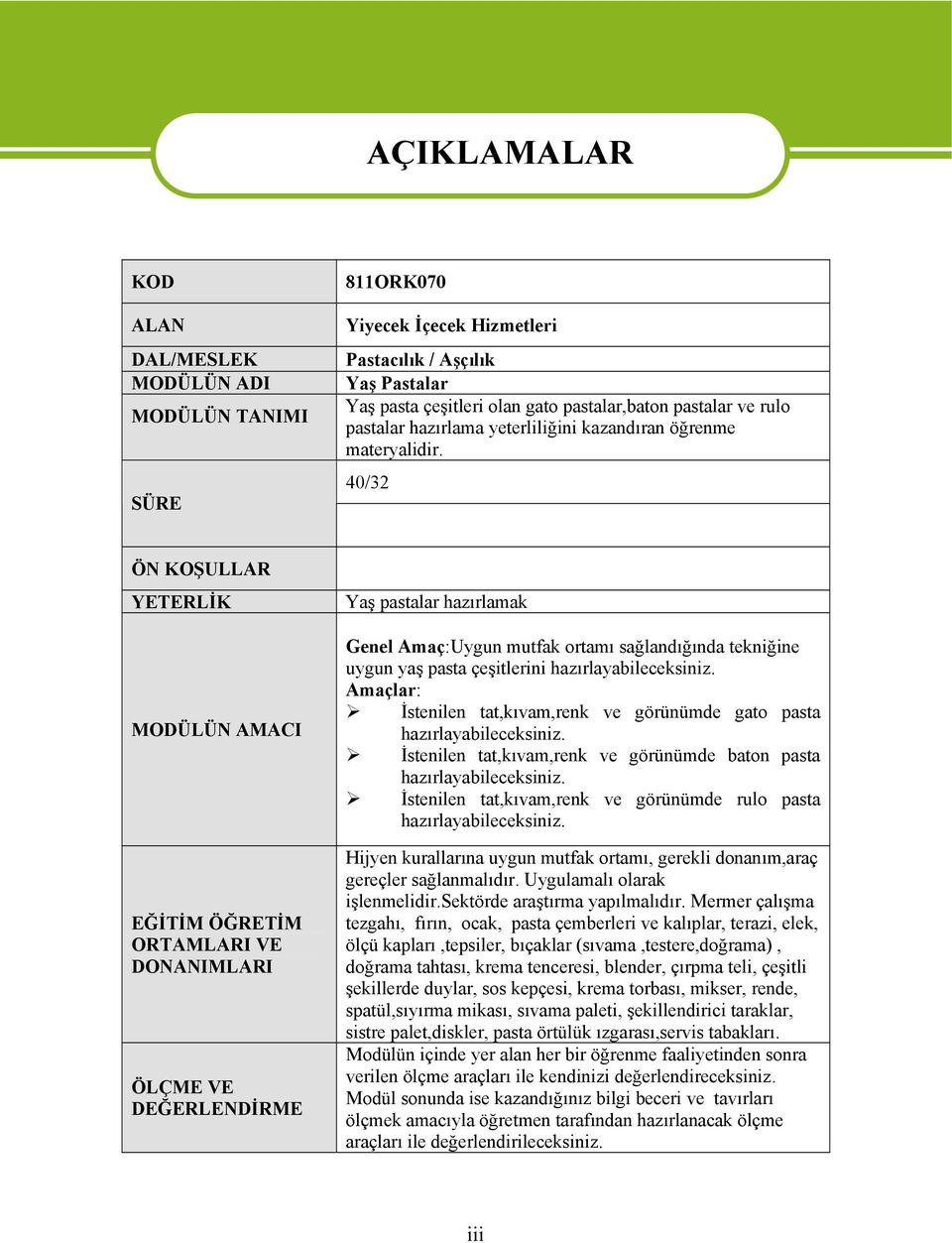 40/32 ÖN KOŞULLAR YETERLİK MODÜLÜN AMACI EĞİTİM ÖĞRETİM ORTAMLARI VE DONANIMLARI ÖLÇME VE DEĞERLENDİRME Yaş pastalar hazırlamak Genel Amaç:Uygun mutfak ortamı sağlandığında tekniğine uygun yaş pasta