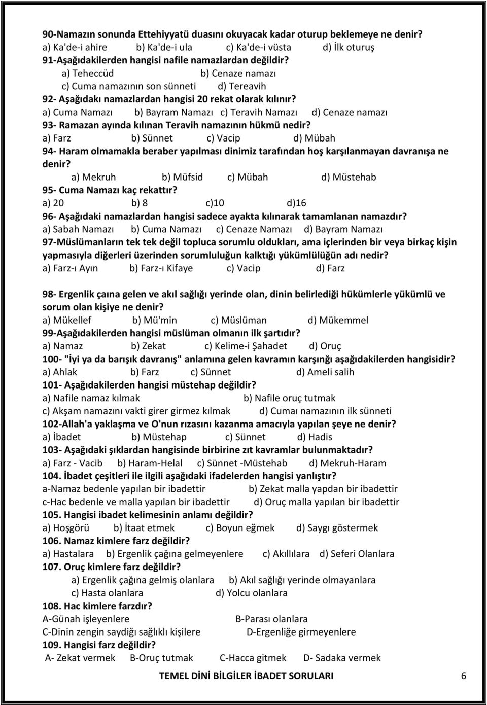 a) Cuma Namazı b) Bayram Namazı c) Teravih Namazı d) Cenaze namazı 93- Ramazan ayında kılınan Teravih namazının hükmü nedir?