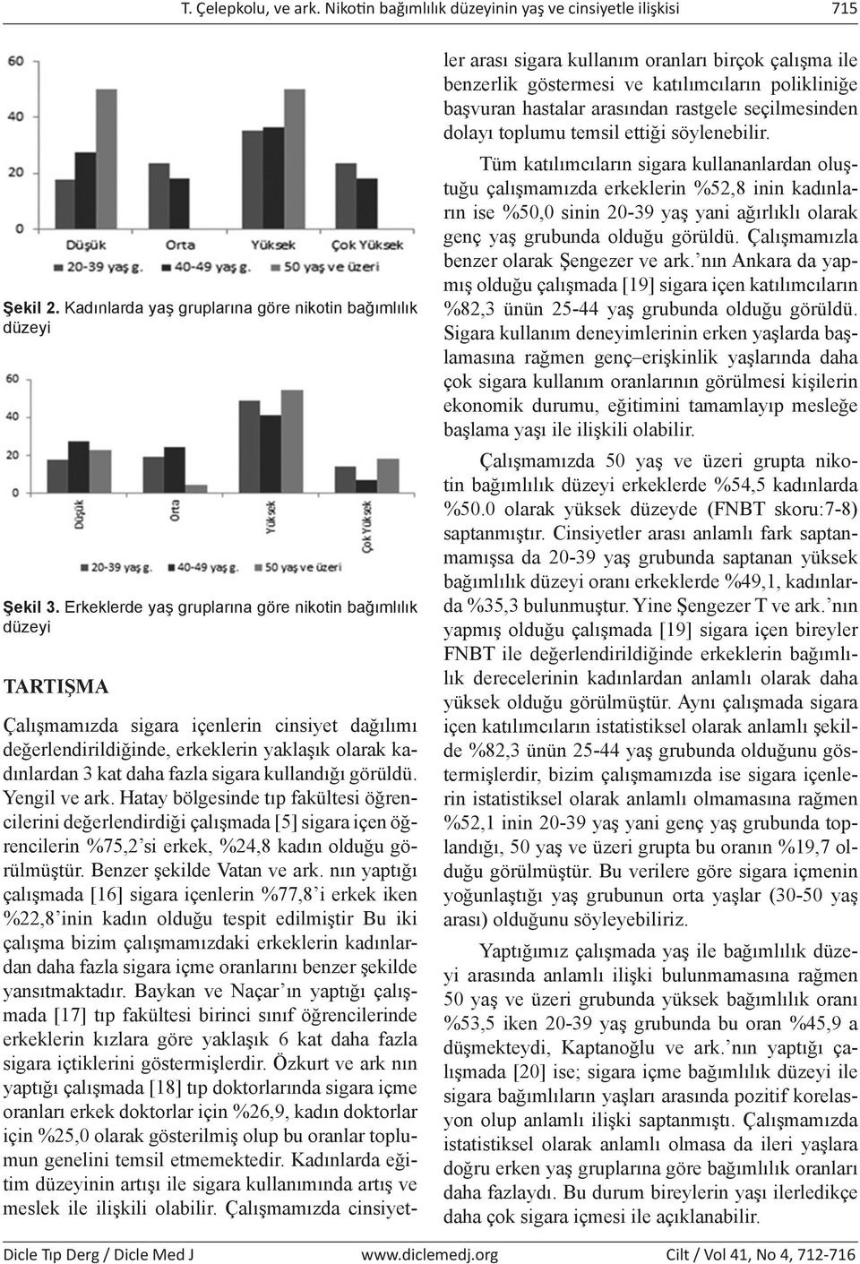 kullandığı görüldü. Yengil ve ark. Hatay bölgesinde tıp fakültesi öğrencilerini değerlendirdiği çalışmada [5] sigara içen öğrencilerin %75,2 si erkek, %24,8 kadın olduğu görülmüştür.