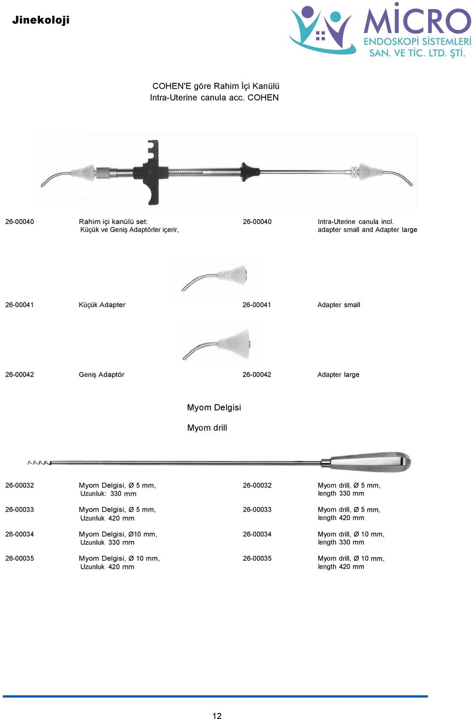 Delgisi, Ø 5 mm, Uzunluk: 330 mm 26-00033 Myom Delgisi, Ø 5 mm, Uzunluk 420 mm 26-00034 Myom Delgisi, Ø10 mm, Uzunluk 330 mm 26-00035 Myom Delgisi, Ø 10 mm, Uzunluk 420