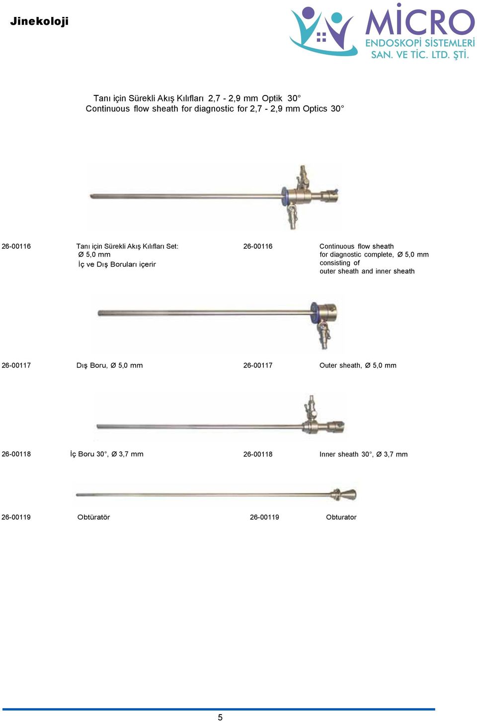 diagnostic complete, Ø 5,0 mm consisting of outer sheath and inner sheath 26-00117 Dış Boru, Ø 5,0 mm 26-00117 Outer