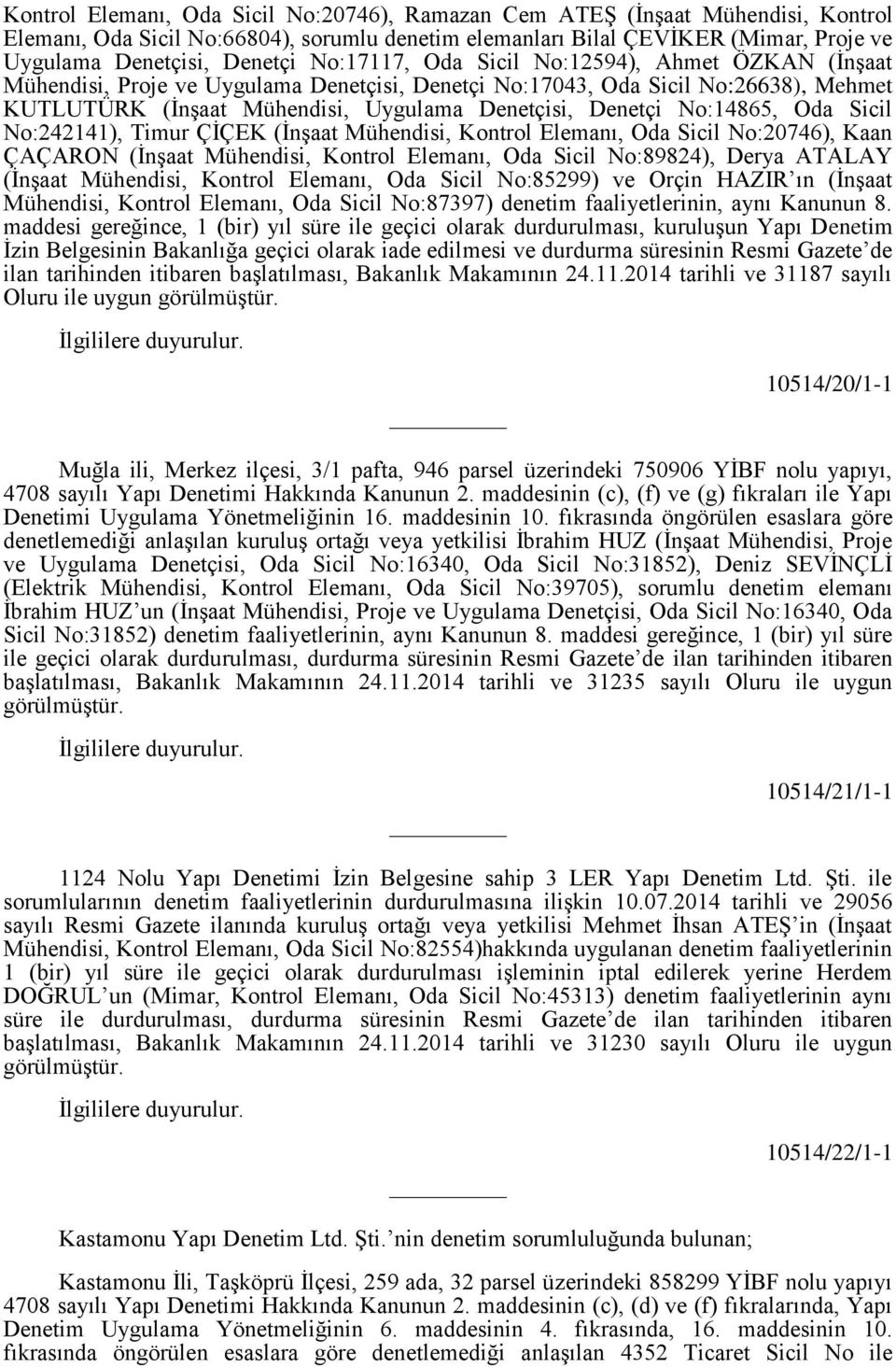 No:14865, Oda Sicil No:242141), Timur ÇİÇEK (İnşaat Mühendisi, Kontrol Elemanı, Oda Sicil No:20746), Kaan ÇAÇARON (İnşaat Mühendisi, Kontrol Elemanı, Oda Sicil No:89824), Derya ATALAY (İnşaat