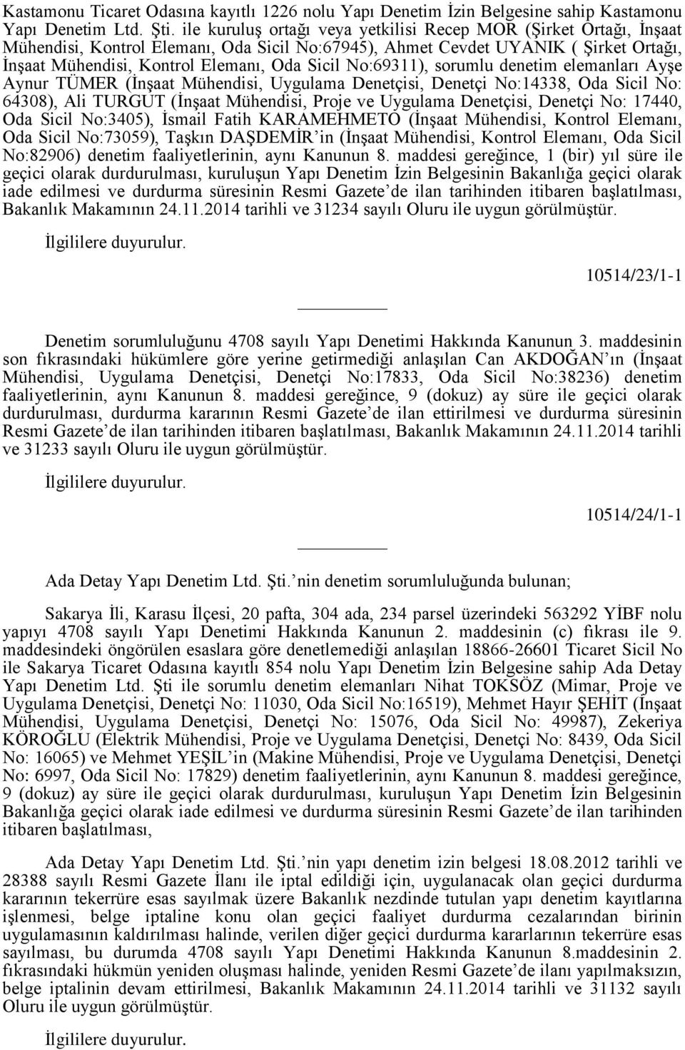 No:69311), sorumlu denetim elemanları Ayşe Aynur TÜMER (İnşaat Mühendisi, Uygulama Denetçisi, Denetçi No:14338, Oda Sicil No: 64308), Ali TURGUT (İnşaat Mühendisi, Proje ve Uygulama Denetçisi,