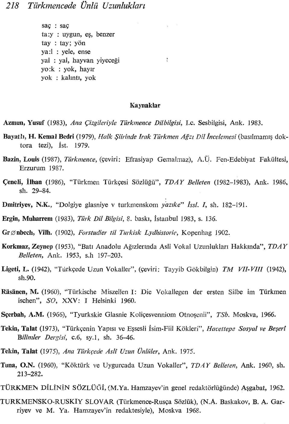 Bazin, Louis (1987), Türkmence, (çeviri: Efrasiyap Gemalmaz), A.Ü. Fen-Edebiyat Fakültesi, Erzurum 1987. Çeneli, İlhan (1986), "Türkmen Türkçesi Sözlüğü", TDAY Belleten (1982-1983), Ank. 1986, sh.
