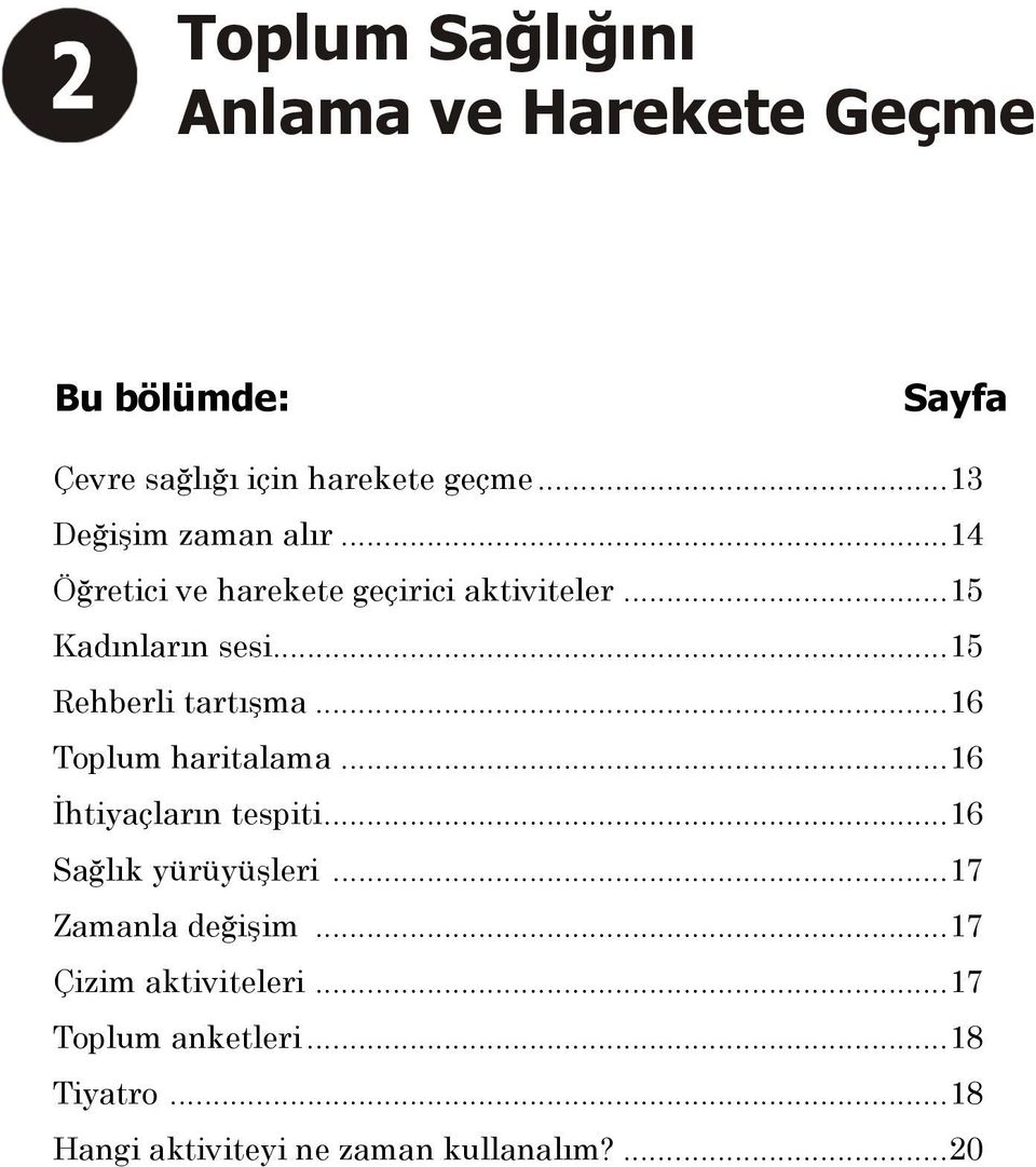 ..15 Rehberli tartışma...16 Toplum haritalama...16 İhtiyaçların tespiti...16 Sağlık yürüyüşleri.