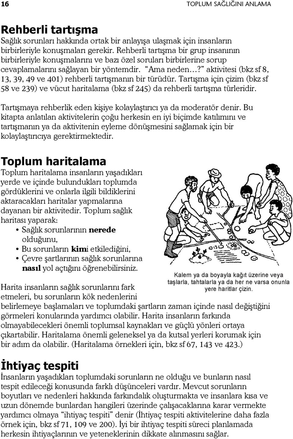 aktivitesi (bkz sf 8, 13, 39, 49 ve 401) rehberli tartışmanın bir türüdür. Tartışma için çizim (bkz sf 58 ve 239) ve vücut haritalama (bkz sf 245) da rehberli tartışma türleridir.