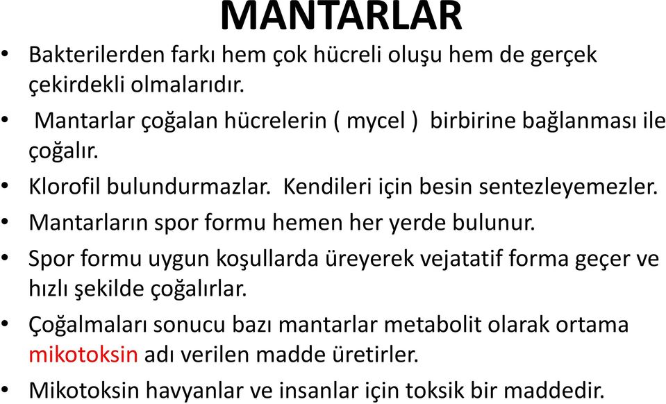 Kendileri için besin sentezleyemezler. Mantarların spor formu hemen her yerde bulunur.