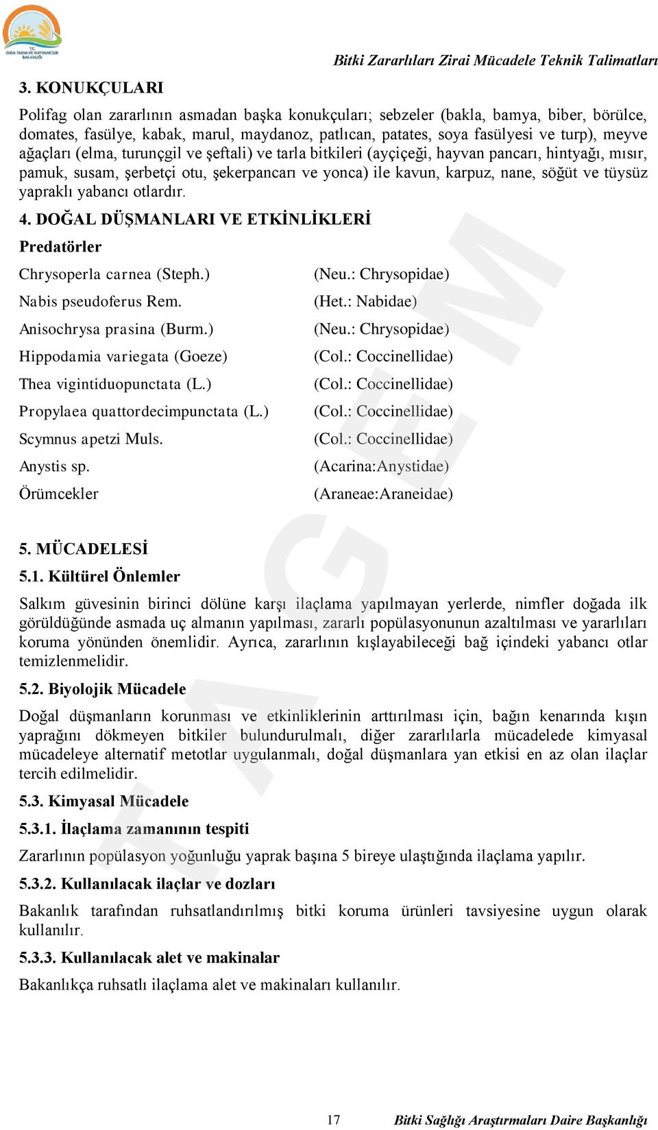 yonca) ile kavun, karpuz, nane, söğüt ve tüysüz yapraklı yabancı otlardır. 4. DOĞAL DÜŞMANLARI VE ETKİNLİKLERİ Predatörler Chrysoperla carnea (Steph.) Nabis pseudoferus Rem. Anisochrysa prasina (Burm.