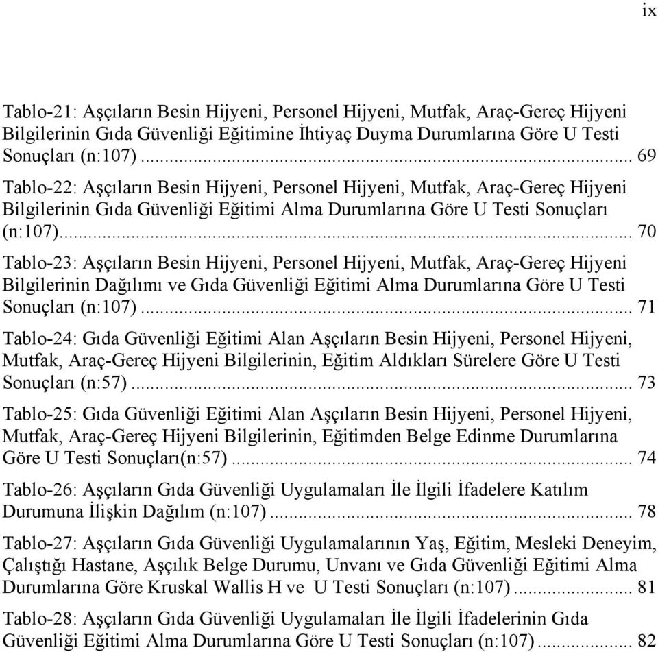 .. 70 Tablo-23: Aşçıların Besin Hijyeni, Personel Hijyeni, Mutfak, Araç-Gereç Hijyeni Bilgilerinin Dağılımı ve Gıda Güvenliği Eğitimi Alma Durumlarına Göre U Testi Sonuçları (n:107).