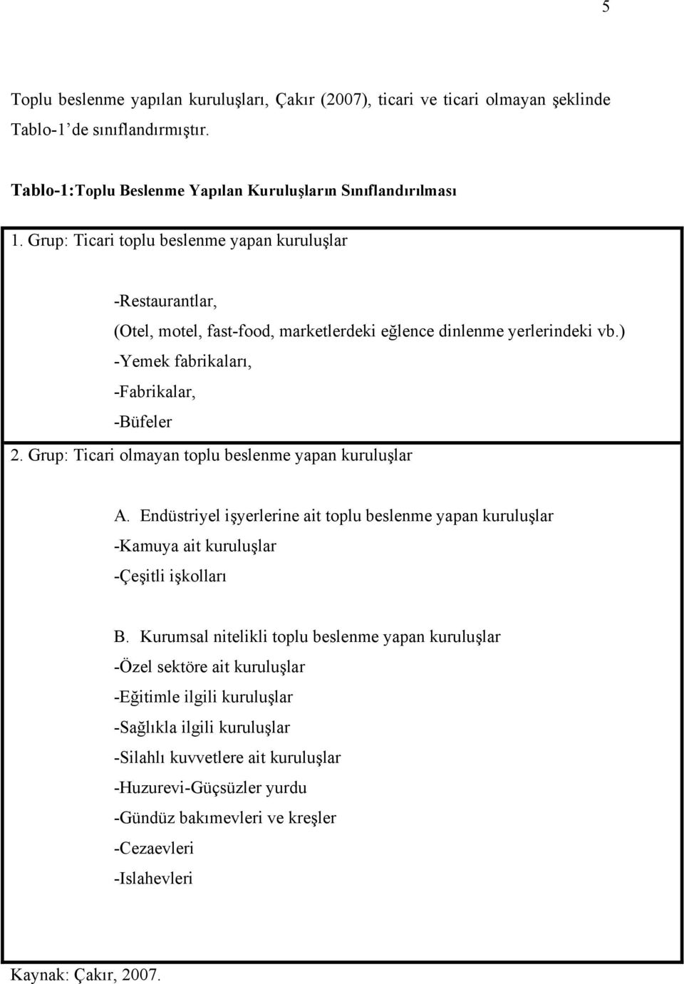 Grup: Ticari olmayan toplu beslenme yapan kuruluşlar A. Endüstriyel işyerlerine ait toplu beslenme yapan kuruluşlar -Kamuya ait kuruluşlar -Çeşitli işkolları B.