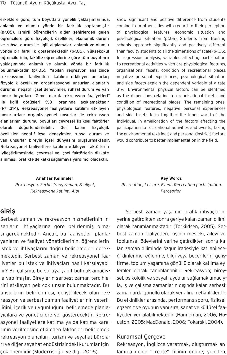 05). Yüksekokul öğrencilerinin, fakülte öğrencilerine göre tüm boyutlara yaklaşımında anlamlı ve olumlu yönde bir farklılık bulunmaktadır (p<.05). Yapılan regresyon analizinde rekreasyonel