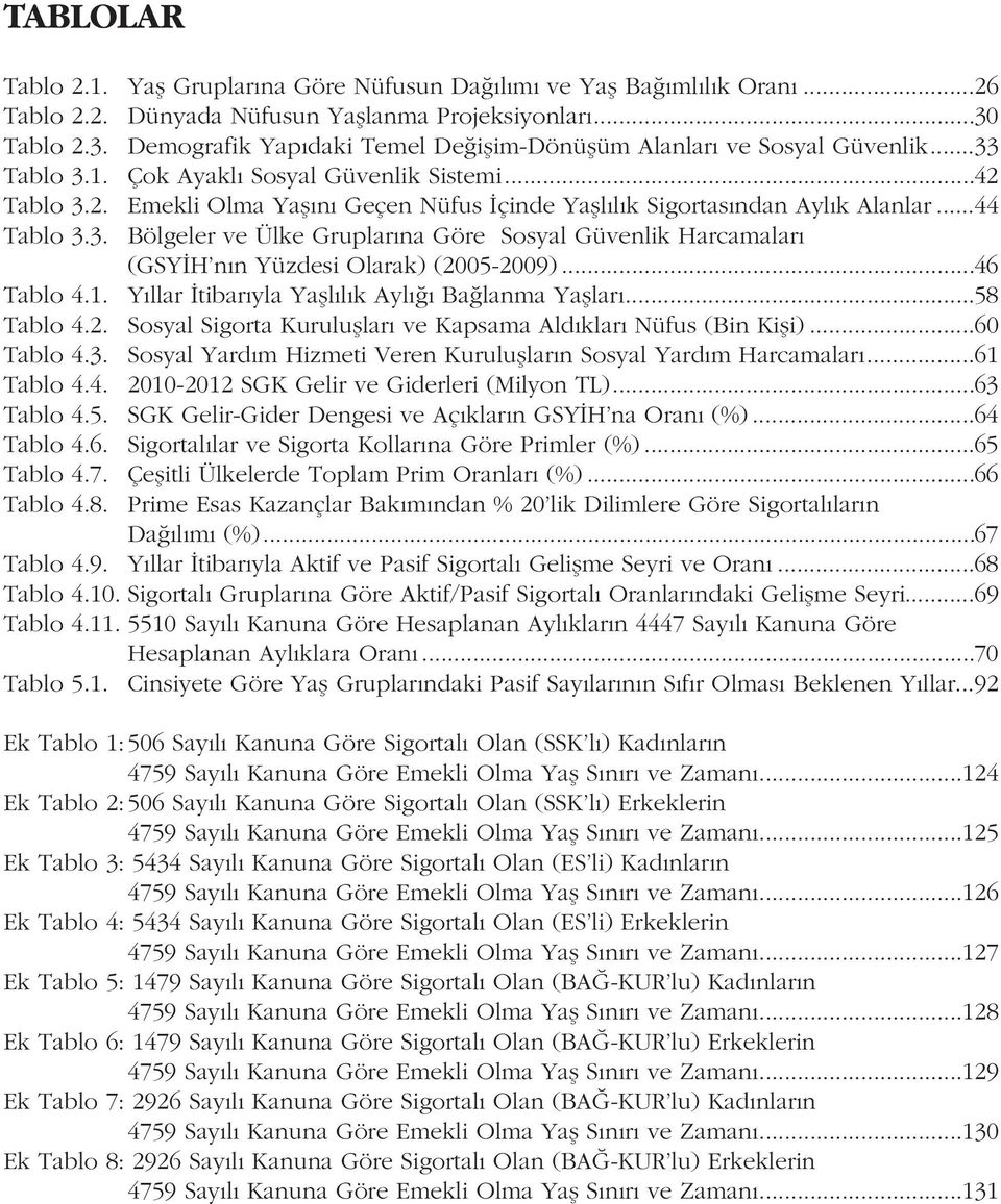 ..44 Tablo 3.3. Bölgeler ve Ülke Gruplarýna Göre Sosyal Güvenlik Harcamalarý (GSYÝH'nýn Yüzdesi Olarak) (2005-2009)...46 Tablo 4.1. Yýllar Ýtibarýyla Yaþlýlýk Aylýðý Baðlanma Yaþlarý...58 Tablo 4.2. Sosyal Sigorta Kuruluþlarý ve Kapsama Aldýklarý Nüfus (Bin Kiþi).