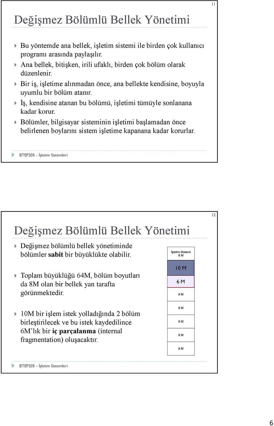 İş, kendisine atanan bu bölümü, işletimi tümüyle sonlanana kadar korur. Bölümler, bilgisayar sisteminin işletimi başlamadan önce belirlenen boylarını sistem işletime kapanana kadar korurlar.