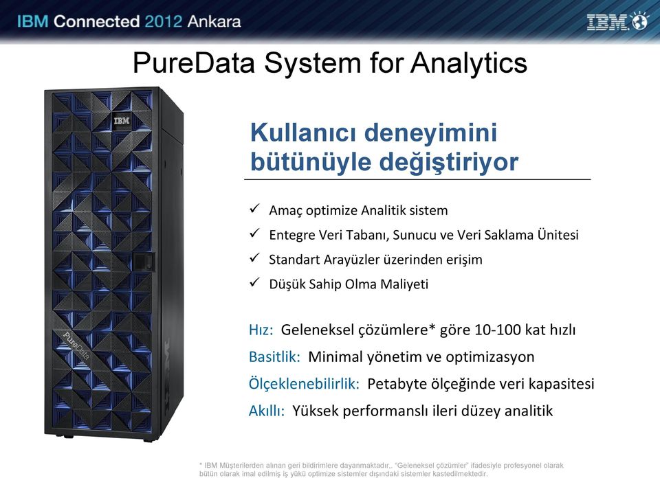optimizasyon Ölçeklenebilirlik: Petabyte ölçeğinde veri kapasitesi Akıllı: Yüksek performanslı ileri düzey analitik * IBM Müşterilerden alınan geri