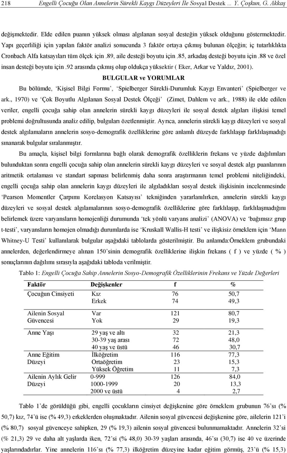 Yapı geçerliliği için yapılan faktör analizi sonucunda 3 faktör ortaya çıkmış bulunan ölçeğin; iç tutarlıklıkta Cronbach Alfa katsayıları tüm ölçek için.89, aile desteği boyutu için.