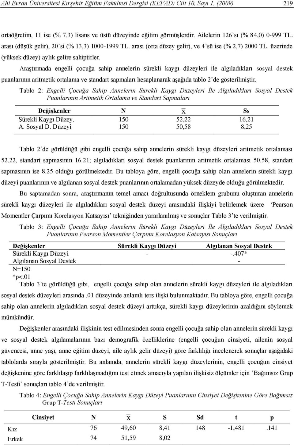 Araştırmada engelli çocuğa sahip annelerin sürekli kaygı düzeyleri ile algıladıkları sosyal destek puanlarının aritmetik ortalama ve standart sapmaları hesaplanarak aşağıda tablo 2 de gösterilmiştir.