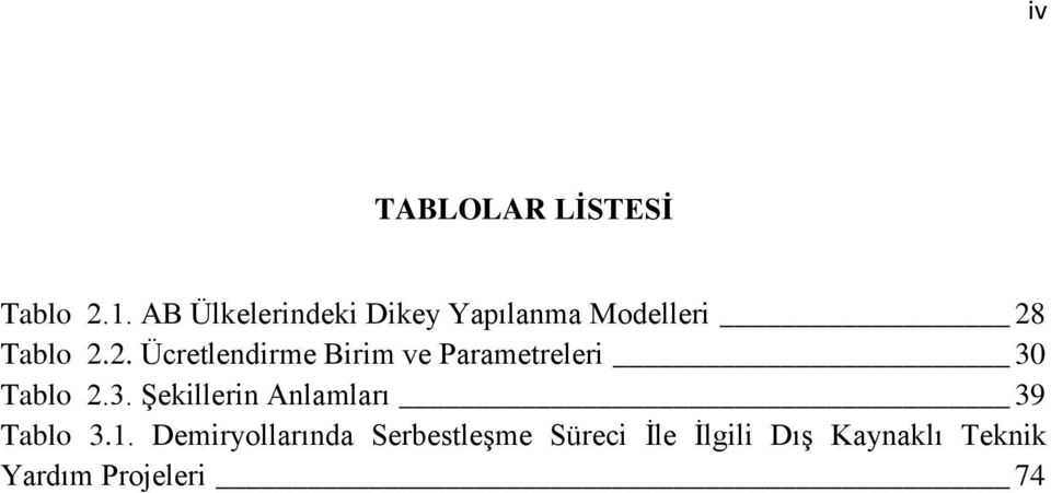 Tablo 2.2. Ücretlendirme Birim ve Parametreleri 30