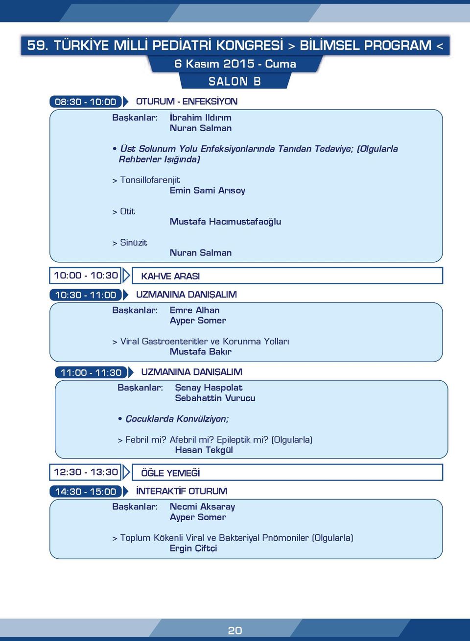 Gastroenteritler ve Korunma Yolları Mustafa Bakır 11:00-11:30 Şenay Haspolat Sebahattin Vurucu Çocuklarda Konvülziyon; > Febril mi? Afebril mi? Epileptik mi?