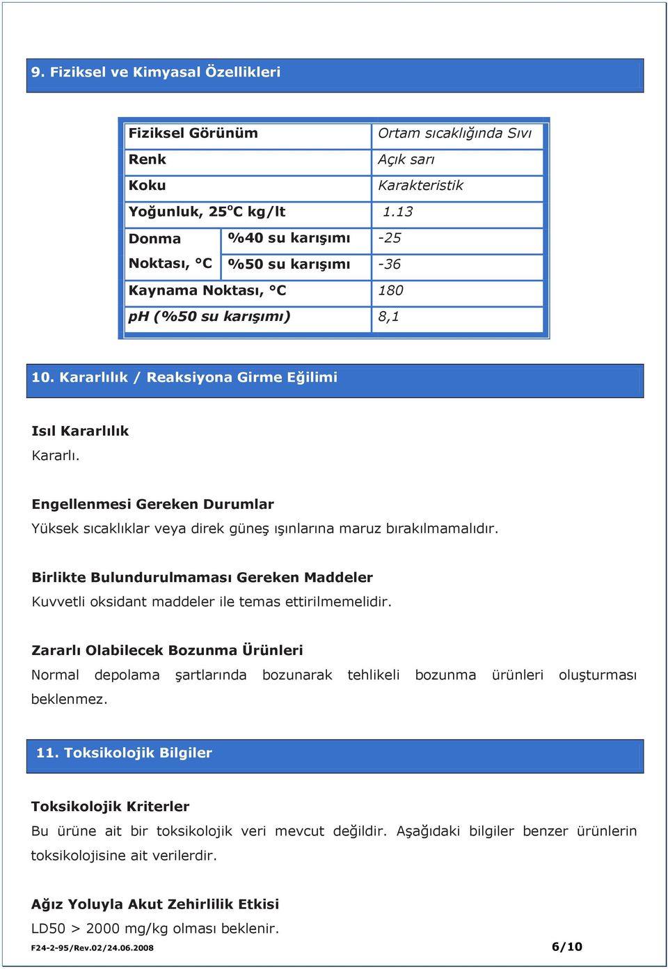 Engellenmesi Gereken Durumlar Yüksek sıcaklıklar veya direk güneş ışınlarına maruz bırakılmamalıdır. Birlikte Bulundurulmaması Gereken Maddeler Kuvvetli oksidant maddeler ile temas ettirilmemelidir.