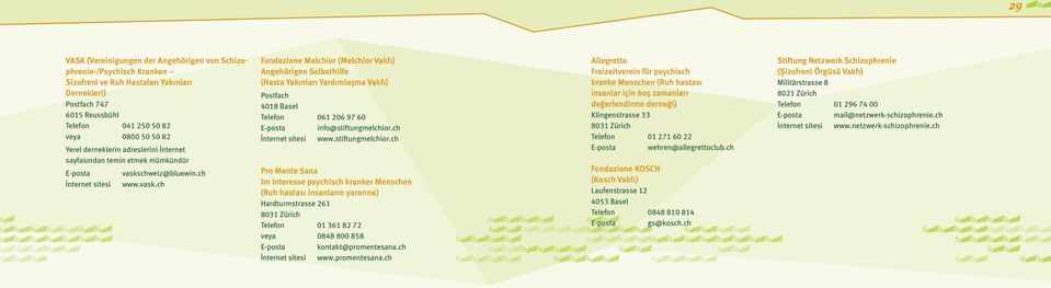 chweiz@bluewin.ch www.vask.ch Fondazione Melchior (Melchior Vakfı) Angehörigen Selbsthilfe (Hasta Yakınları Yardımlaşma Vakfı) Postfach 4018 Basel Telefon 061 206 97 60 E-posta info@stiftungmelchior.