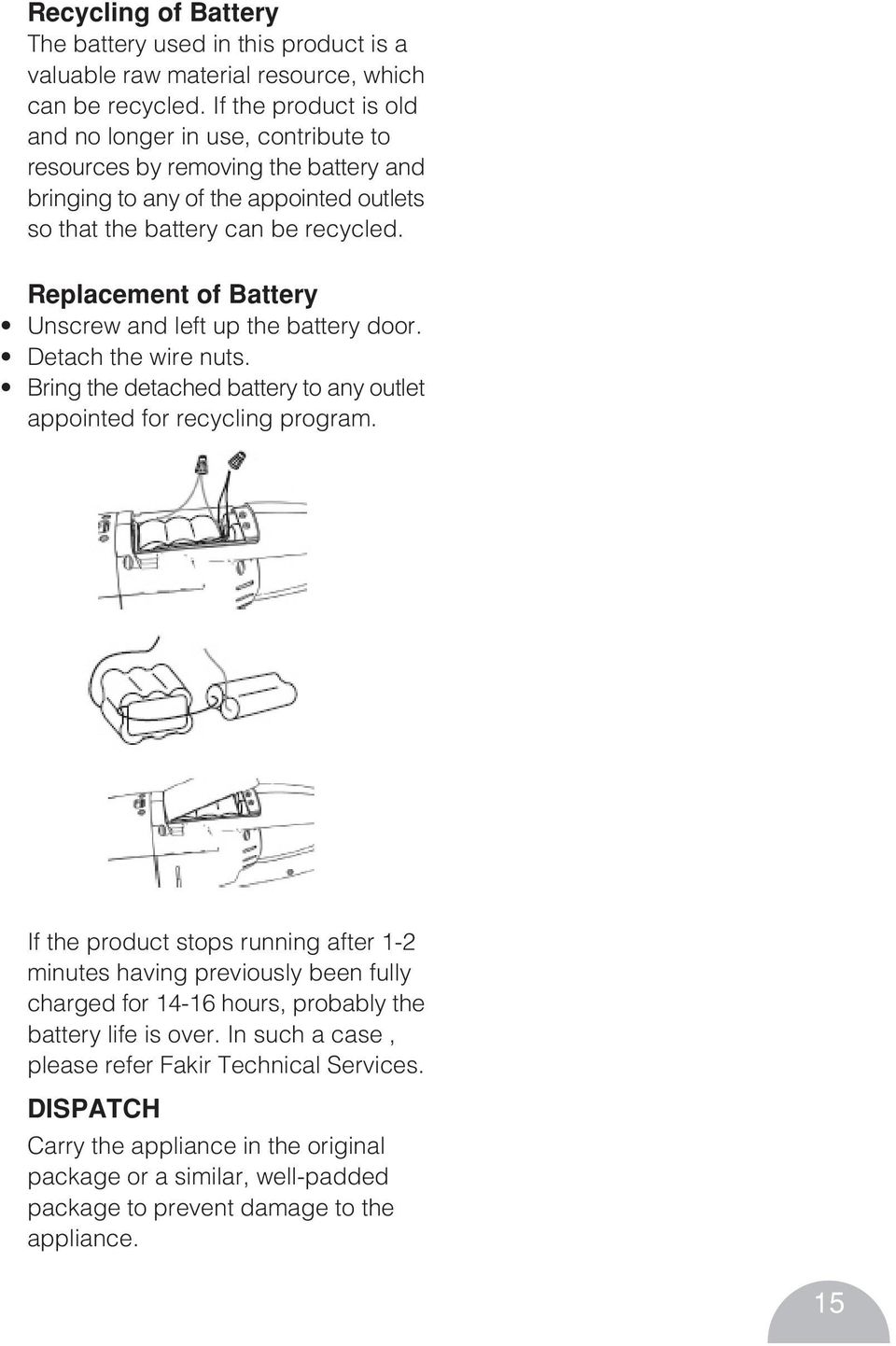 Replacement of Battery Unscrew and left up the battery door. Detach the wire nuts. Bring the detached battery to any outlet appointed for recycling program.