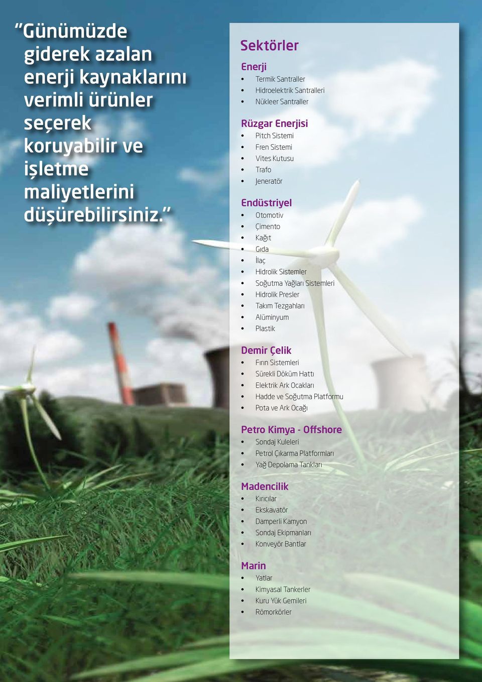 İlaç Hidrolik Sistemler Soğutma Yağları Sistemleri Hidrolik Presler Takım Tezgahları Alüminyum Plastik Demir Çelik Fırın Sistemleri Sürekli Döküm Hattı Elektrik Ark Ocakları Hadde ve Soğutma