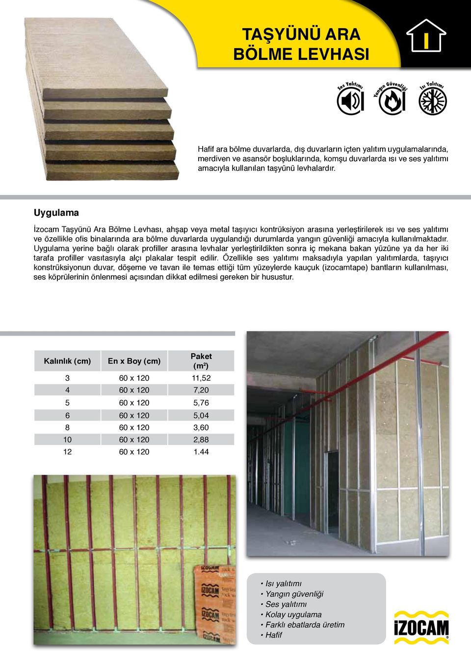 Uygulama İzocam Taşyünü Ara Bölme Levhası, ahşap veya metal taşıyıcı kontrüksiyon arasına yerleştirilerek ısı ve ses yalıtımı ve özellikle ofis binalarında ara bölme duvarlarda uygulandığı durumlarda