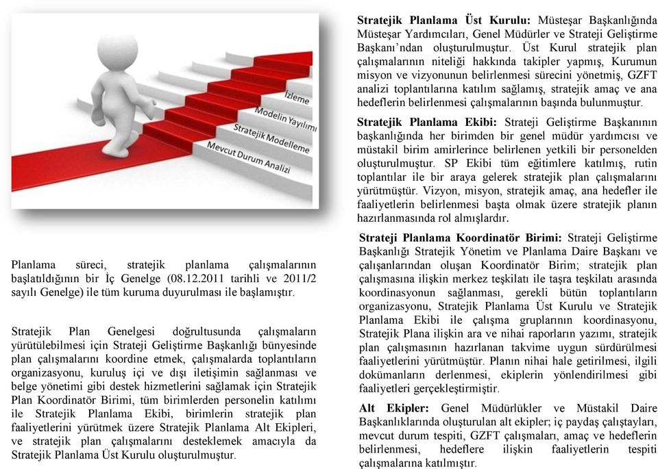 içi ve dışı iletişimin sağlanması ve belge yönetimi gibi destek hizmetlerini sağlamak için Stratejik Plan Koordinatör Birimi, tüm birimlerden personelin katılımı ile Stratejik Planlama Ekibi,