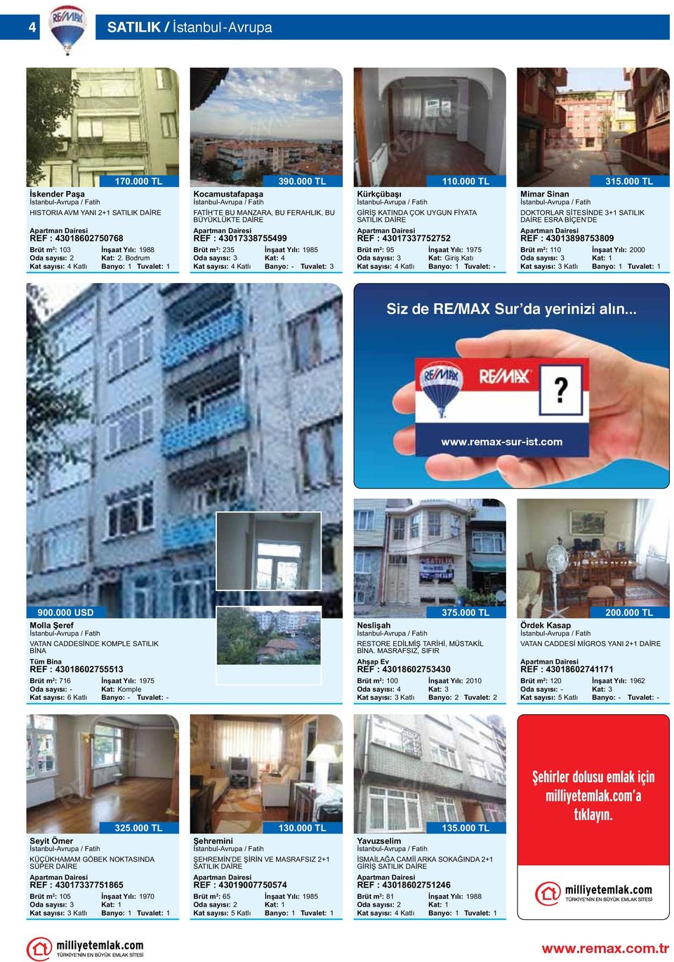 000 TL Brüt m 2 : 235 İnşaat Yılı: 1985 Oda sayısı: 3 Kat: 4 Banyo: - Tuvalet: 3 Kürkçübaşı GİRİŞ KATINDA ÇOK UYGUN FİYATA SATILIK DAİRE REF : 43017337752752 Brüt m 2 : 95 Oda sayısı: 3 110.