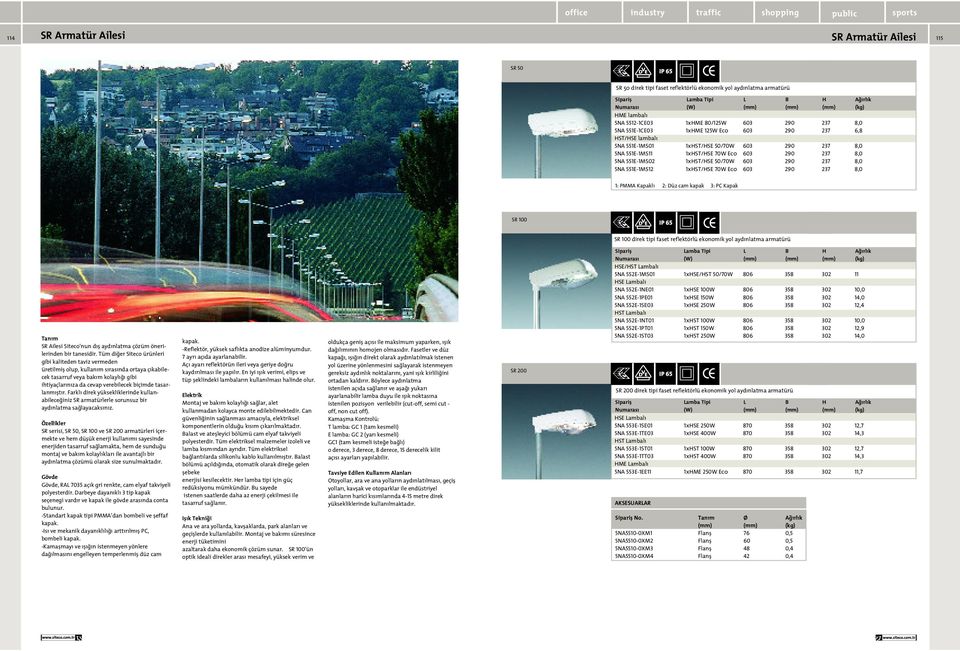1xHST/HSE 70W Eco 603 290 237 8,0 1: PMMA Kapakl 2: Düz cam kapak 3: PC Kapak SR 100 SR 100 direk tipi faset reflektörlü ekonomik yol ayd nlatma armatürü SR Ailesi Siteco nun d fl ayd nlatma çözüm