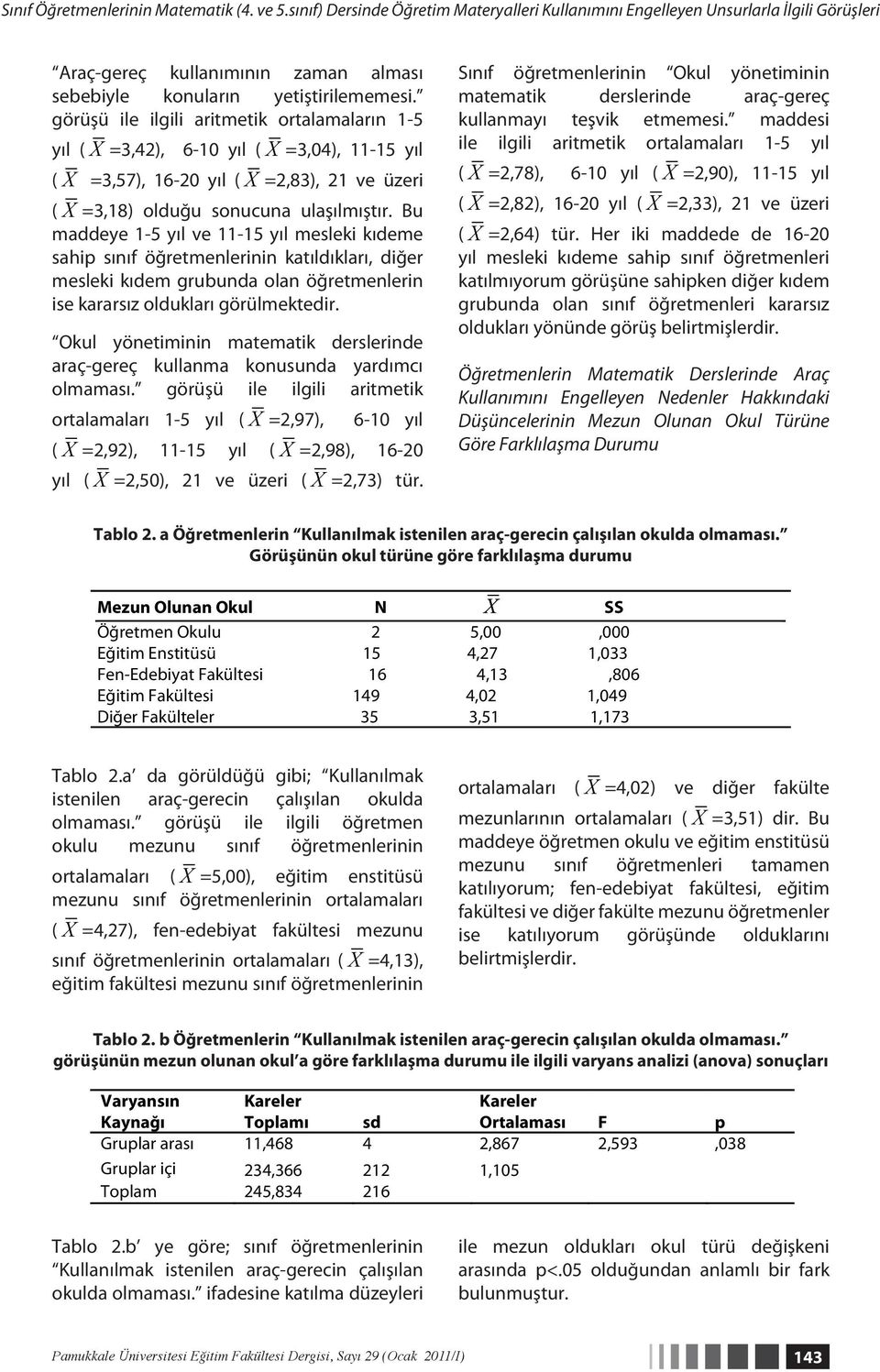 görüşü ile ilgili aritmetik ortalamaların 1-5 yıl ( X =3,42), 6-10 yıl ( X =3,04), 11-15 yıl ( X =3,57), 16-20 yıl ( X =2,83), 21 ve üzeri ( X =3,18) olduğu sonucuna ulaşılmıştır.