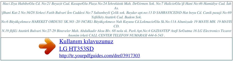 Canik pasaji No:69 Yeßilköy Atatürk Cad. Badem Sok. No:6 Büyükçekmece HAREKET ORDUSU SK.NO :20 NC RL Büyükçekmece Nuh Kuyusu Cd.Lokmacio lu Sk.No:11A Altunizade 19 MAYIS MH.