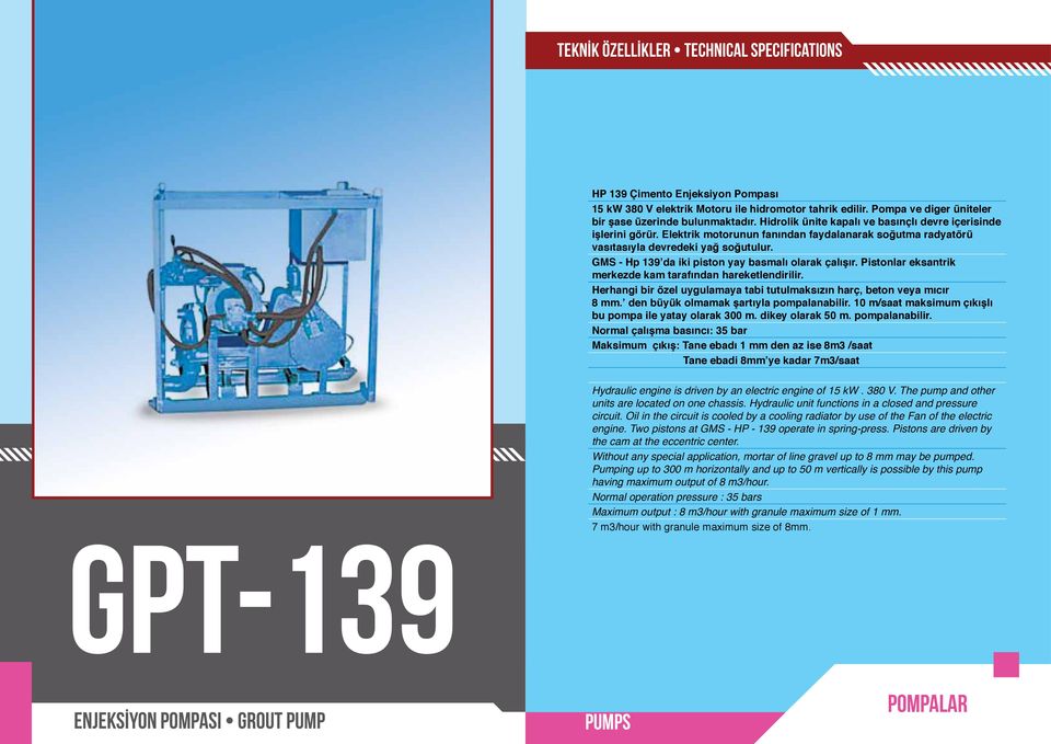 GMS - Hp 139 da iki piston yay basmalı olarak çalışır. Pistonlar eksantrik merkezde kam tarafından hareketlendirilir. Herhangi bir özel uygulamaya tabi tutulmaksızın harç, beton veya mıcır 8 mm.