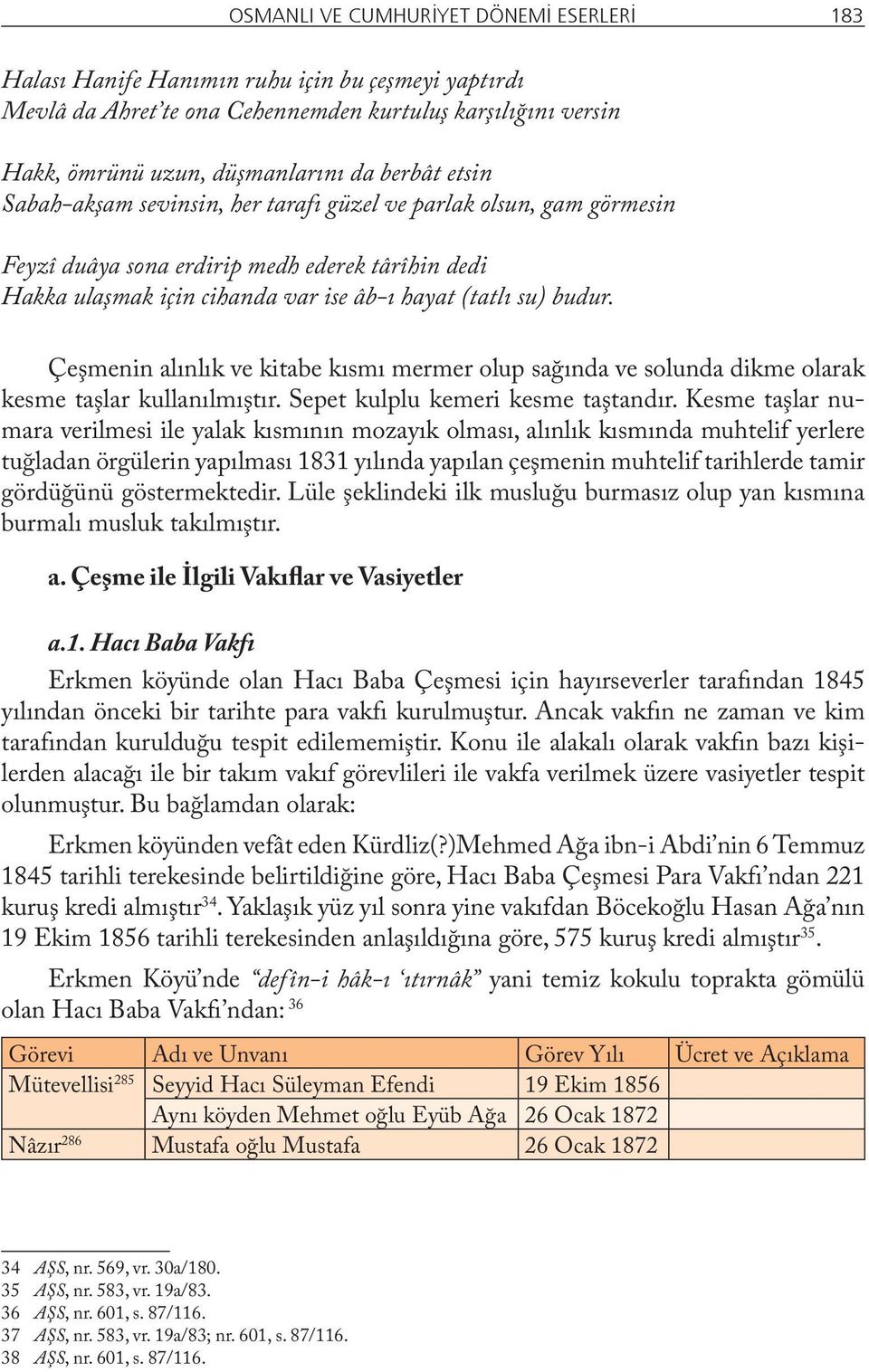 Çeşmenin alınlık ve kitabe kısmı mermer olup sağında ve solunda dikme olarak kesme taşlar kullanılmıştır. Sepet kulplu kemeri kesme taştandır.