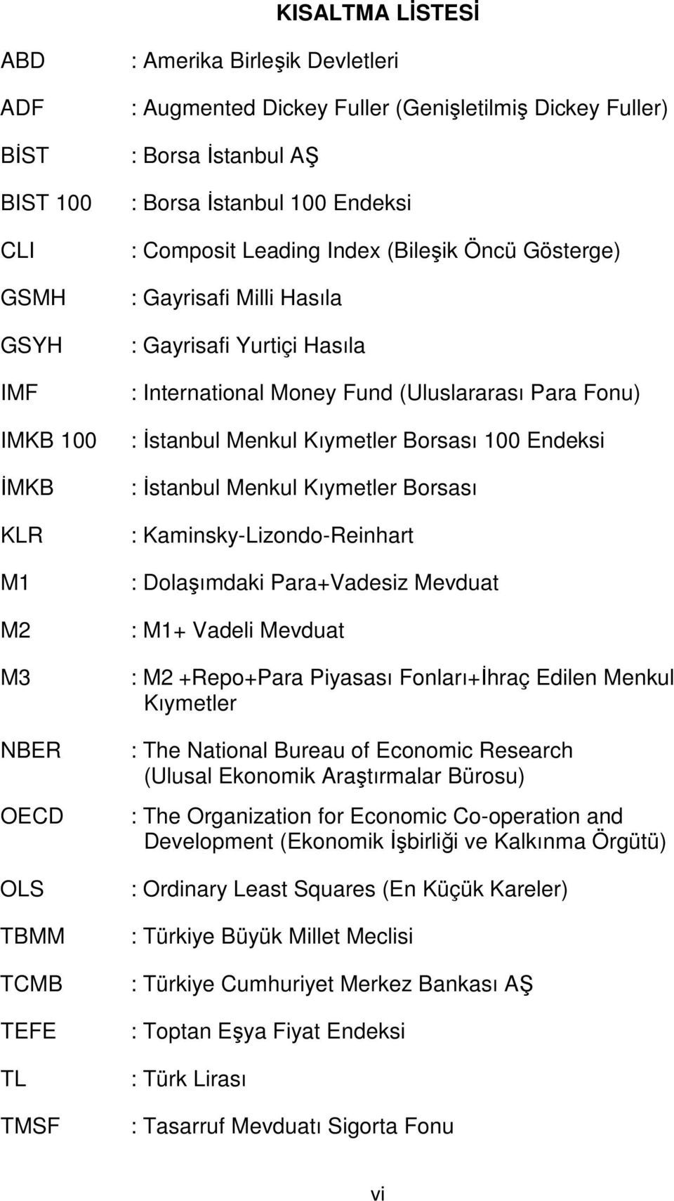 Para Fonu) : İstanbul Menkul Kıymetler Borsası 100 Endeksi : İstanbul Menkul Kıymetler Borsası : Kaminsky-Lizondo-Reinhart : Dolaşımdaki Para+Vadesiz Mevduat : M1+ Vadeli Mevduat : M2 +Repo+Para