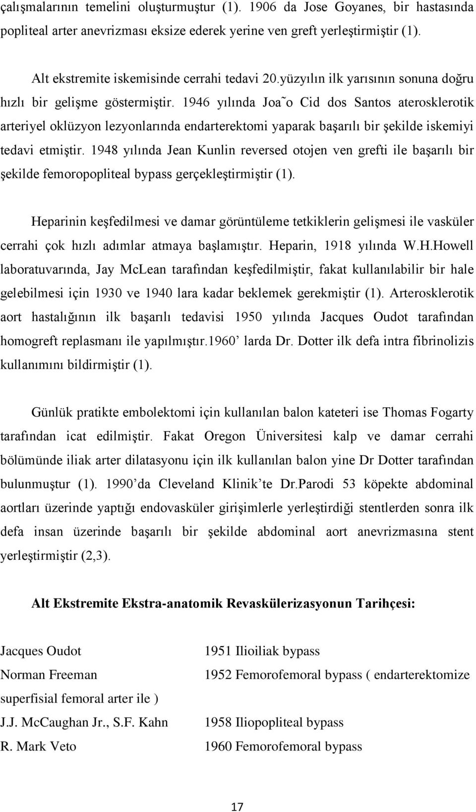 1946 yılında Joa o Cid dos Santos aterosklerotik arteriyel oklüzyon lezyonlarında endarterektomi yaparak başarılı bir şekilde iskemiyi tedavi etmiştir.