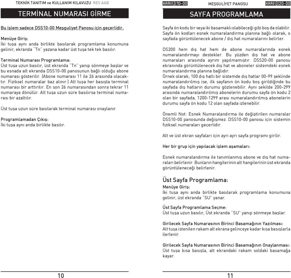 Terminal Numarasý Programlama: Üst tuþa uzun basýlýr, üst ekranda Tn yanýp sönmeye baþlar ve bu esnada alt ekranda DSS10-00 panosunun baðlý olduðu abone numarasý gösterilir.