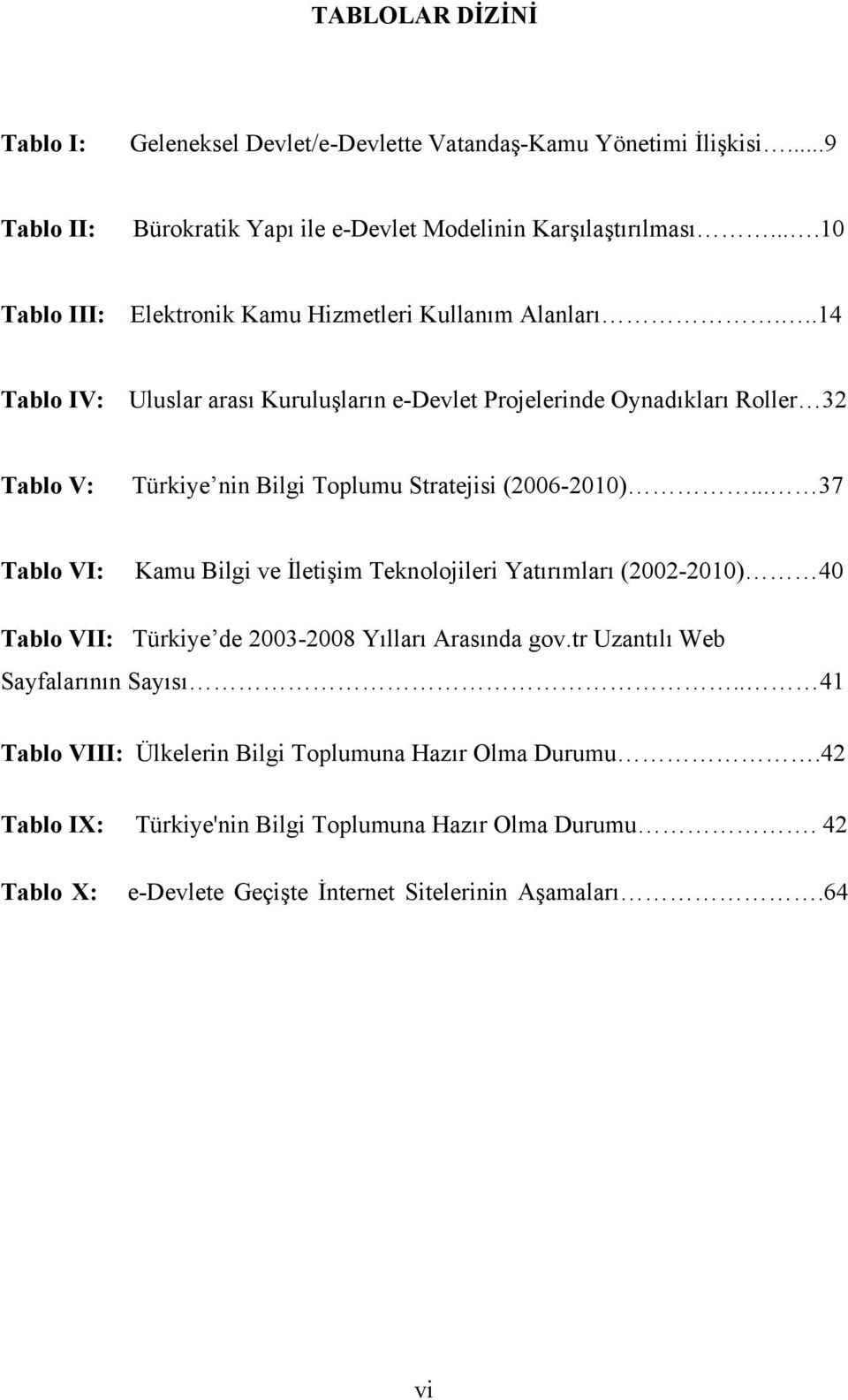 ..14 Tablo IV: Uluslar arası Kuruluşların e-devlet Projelerinde Oynadıkları Roller 32 Tablo V: Türkiye nin Bilgi Toplumu Stratejisi (2006-2010).