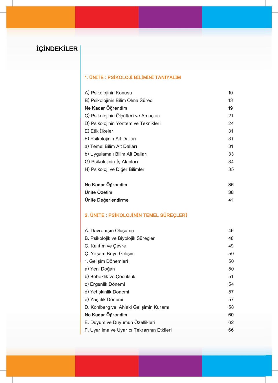 Kadar Öğrendim 36 Ünite Özetim 38 Ünite Değerlendirme 41 2. ÜNITE : PSİKOLOJİNİN TEMEL SÜREÇLERİ A. Davranışın Oluşumu 46 B. Psikolojik ve Biyolojik Süreçler 48 C. Kalıtım ve Çevre 49 Ç.