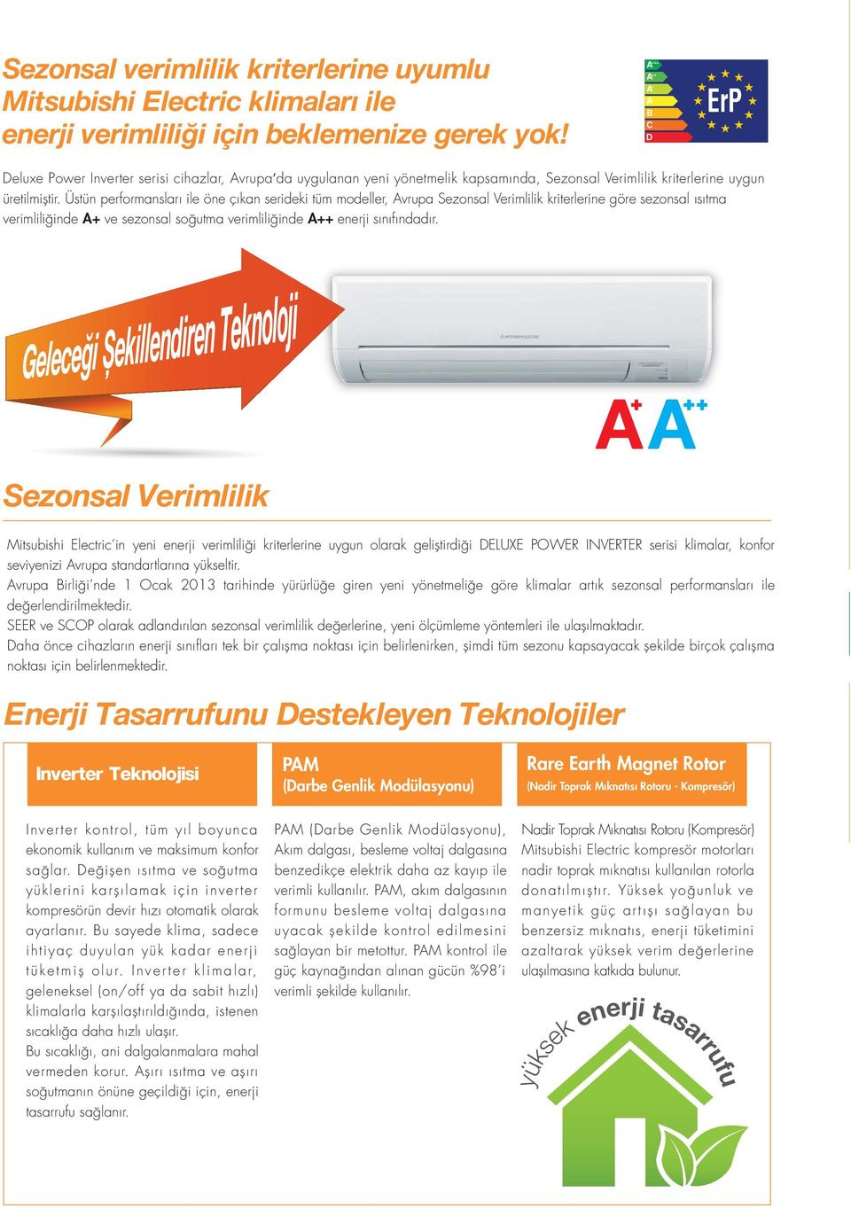 Üstün performansları ile öne çıkan serideki tüm modeller, vrupa Sezonsal Verimlilik kriterlerine göre sezonsal ısıtma verimliliğinde + ve sezonsal soğutma verimliliğinde ++ enerji sınıfındadır.