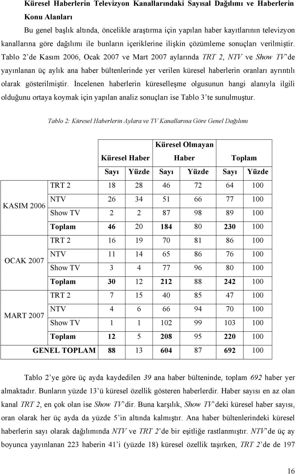 Tablo 2 de Kasım 2006, Ocak 2007 ve Mart 2007 aylarında TRT 2, NTV ve Show TV de yayınlanan üç aylık ana haber bültenlerinde yer verilen küresel haberlerin oranları ayrıntılı olarak gösterilmiştir.